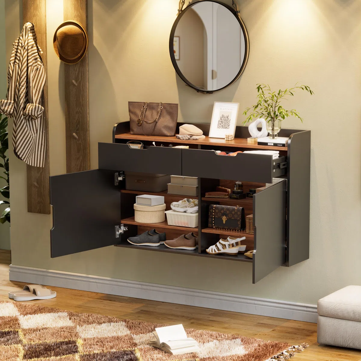 Mobile da ingresso Multiuso da appendere, Scarpiera Salvaspazio Slim,Scarpiera Chiusa con 2 cassetti, 4 ripiani regolabili, Madia Salvaspazio, per ingresso, corridoio, anticamera,100x63x22 cm (BxHxT)