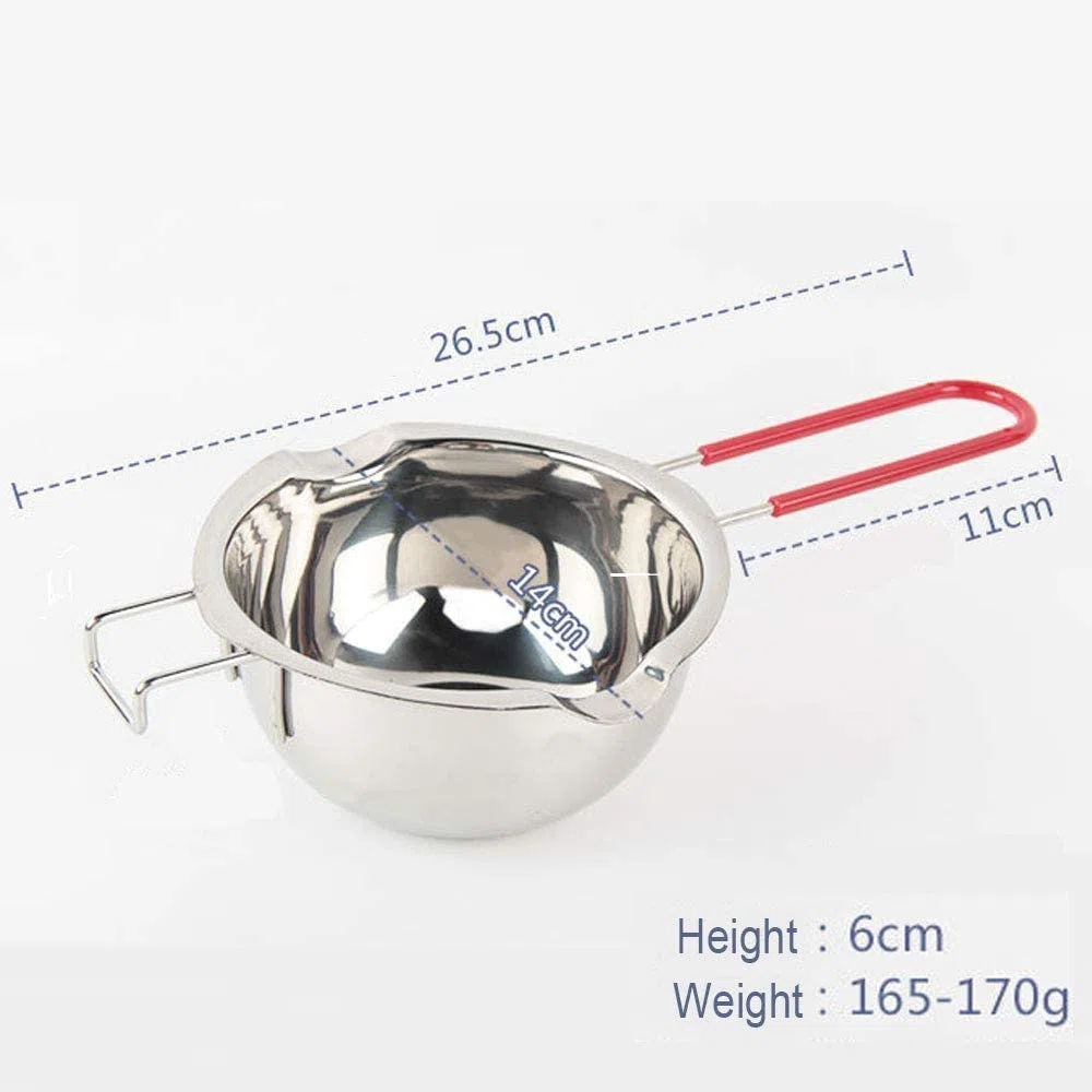 Contenitore per fondere il cioccolato in acciaio inox 18/8 con doppio beccuccio, manico resistente al calore, fondo piatto, ideale per sciogliere il burro, 480 ml argento.