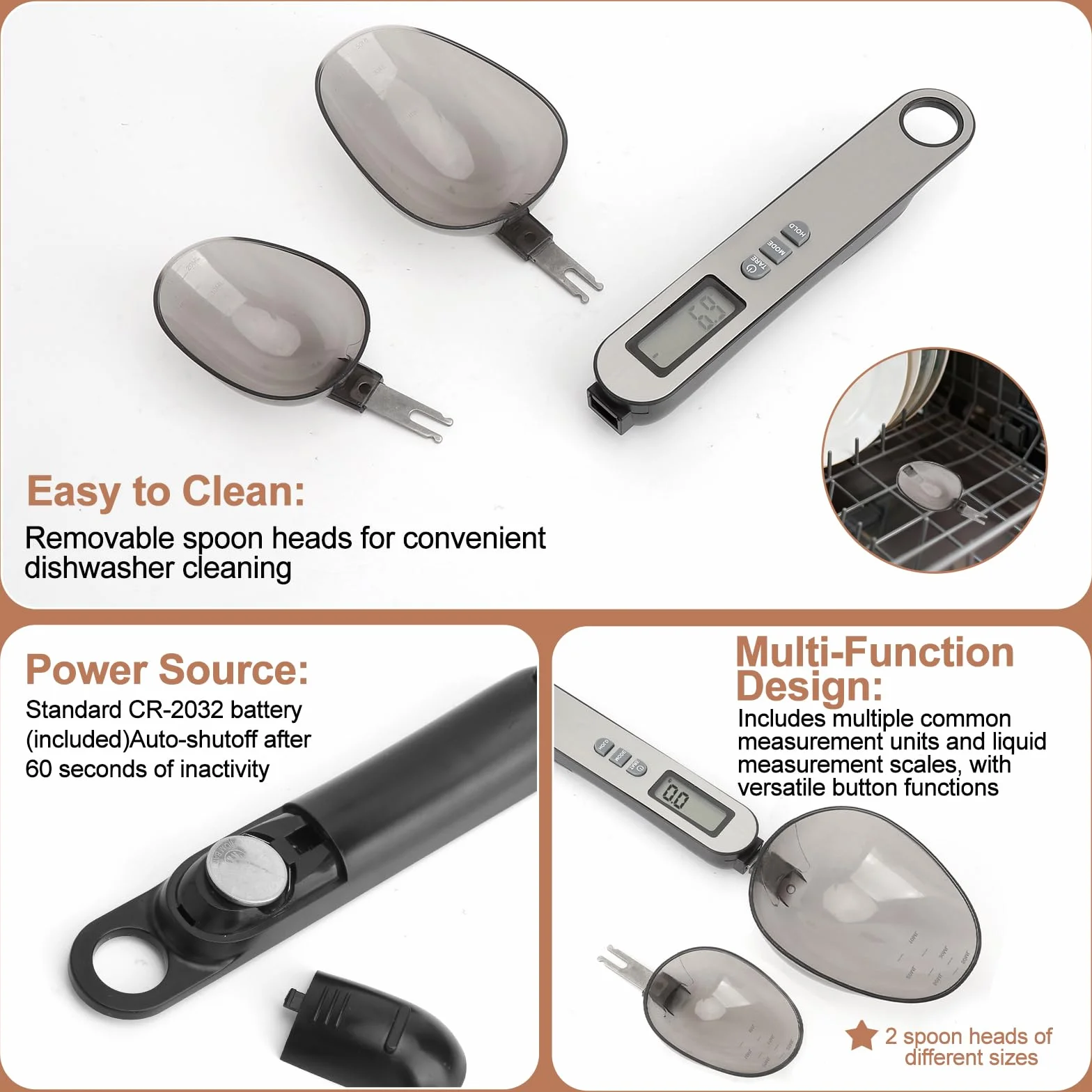 Cucchiaio bilancia digitale precisione 2 testa a cucchiaio diverse misure da 0,1g a 500g frontale in acciaio inossidabile argentato electronic spoon scale multifunzionale con diverse unità di misura