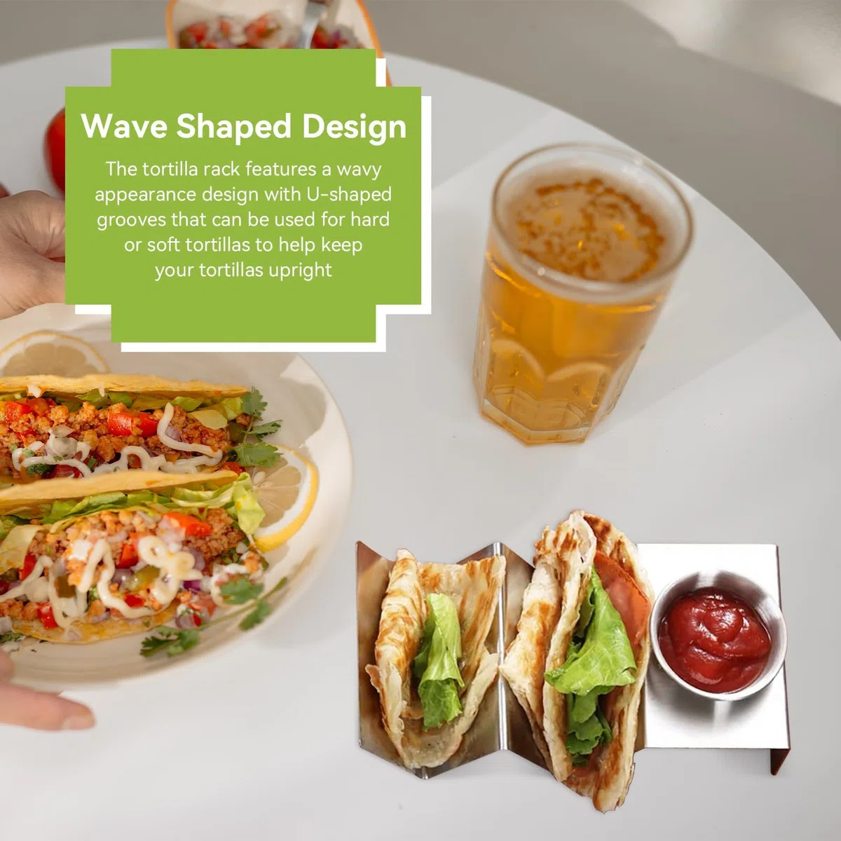 HERCHR Porta Tacos Messicani supporto per taco in acciaio inox con posacenere per salsa