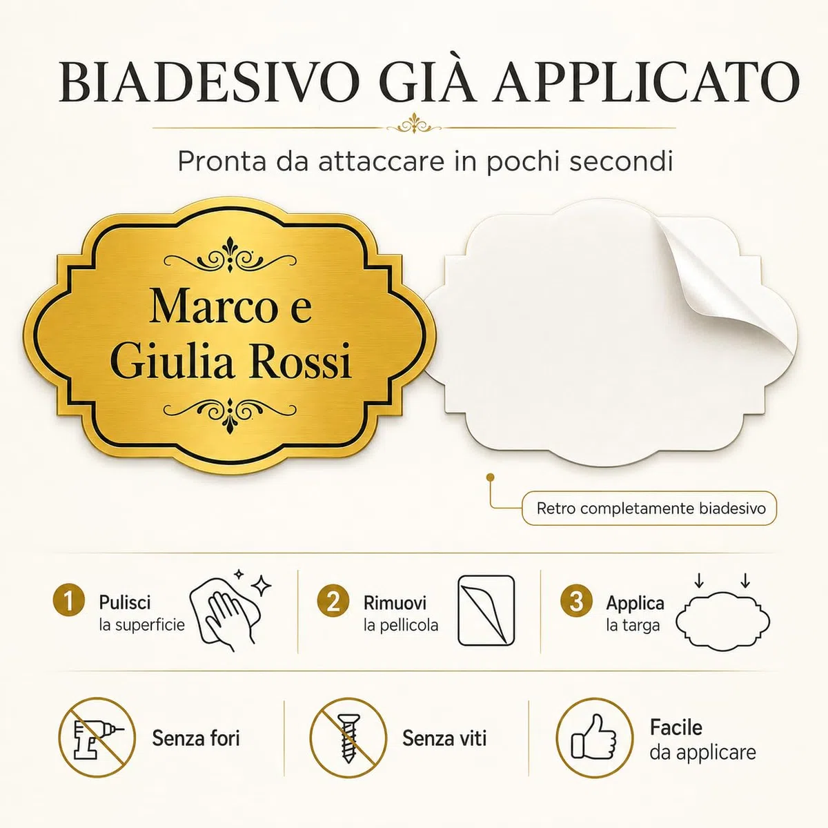 Targa Porta Ingresso Personalizzata in Plexiglass, Targhetta Adesiva Fuori Porta Casa con Nomi Famiglia, Biadesivo Incluso, Sfondo Oro Argento Bianco, Decoro a Scelta