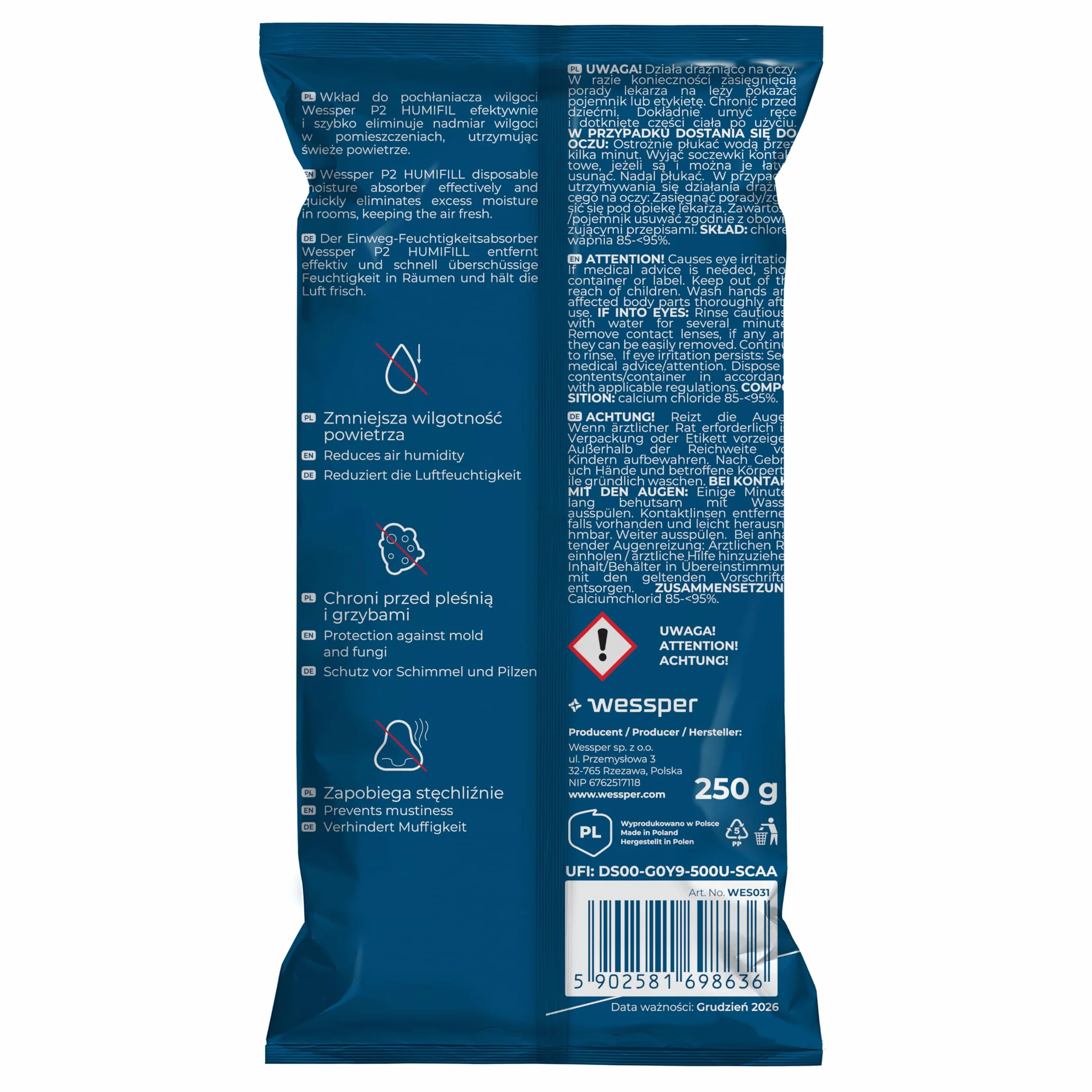 Wessper 5x Sacchetti di Ricarica per Deumidificatore 250g – Granuli Assorbi Umidità, Anti Muffa e Odori, Ricarica Universale Senza Elettricità, Uso Interno Multi-Ambiente