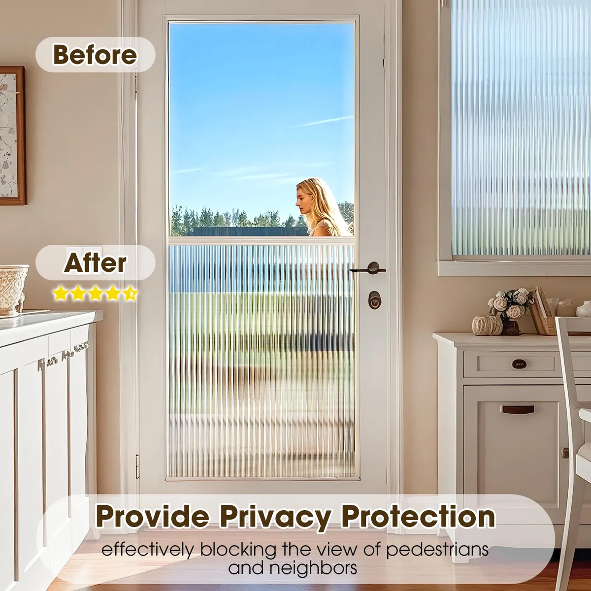 Beautysaid Reeded Pellicola per finestre in vetro smerigliato scanalato, pellicola autoadesiva in vinile, anti UV, statica, senza colla, per la privacy per casa e ufficio, 115 x 200 cm