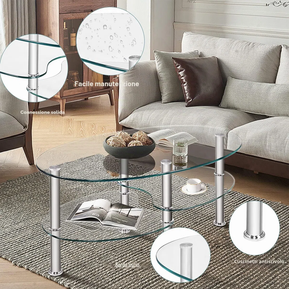 LIFEZEAL Tavolino da Salotto in Vetro Temperato, Tavolino Basso Ovale, Tavolino da Divano, Tavolino da Caffè, Telaio in Metallo, per Soggiorno, Max 70 kg, Montaggio Facile, Moderno, 90x50x45 cm