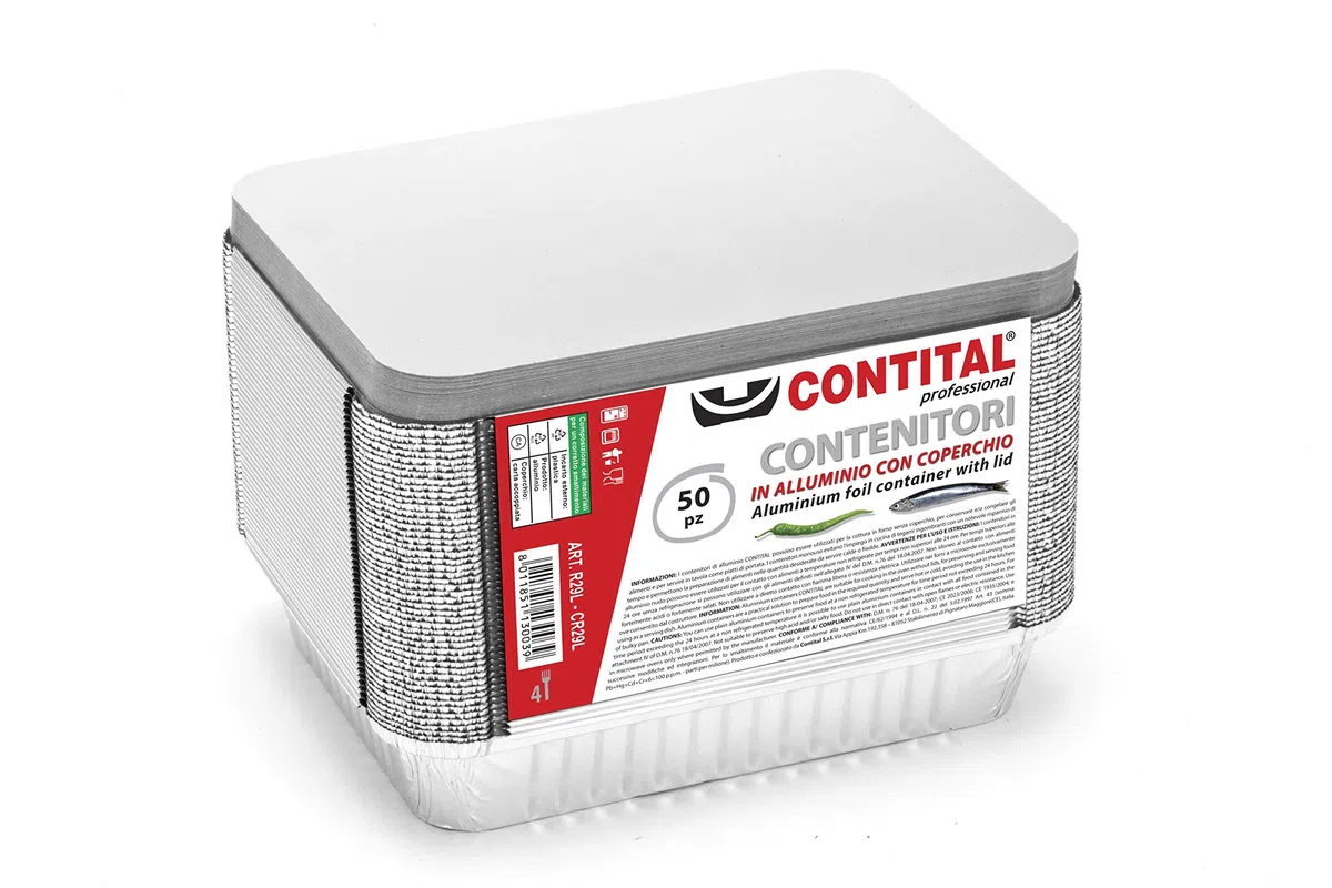 CONTITAL R29L Vaschette Alluminio Grandi 4 Porzioni con Coperchio | Teglie Monouso per Microonde, Contenitori Asporto, Linea Professionale - 50 Pezzi