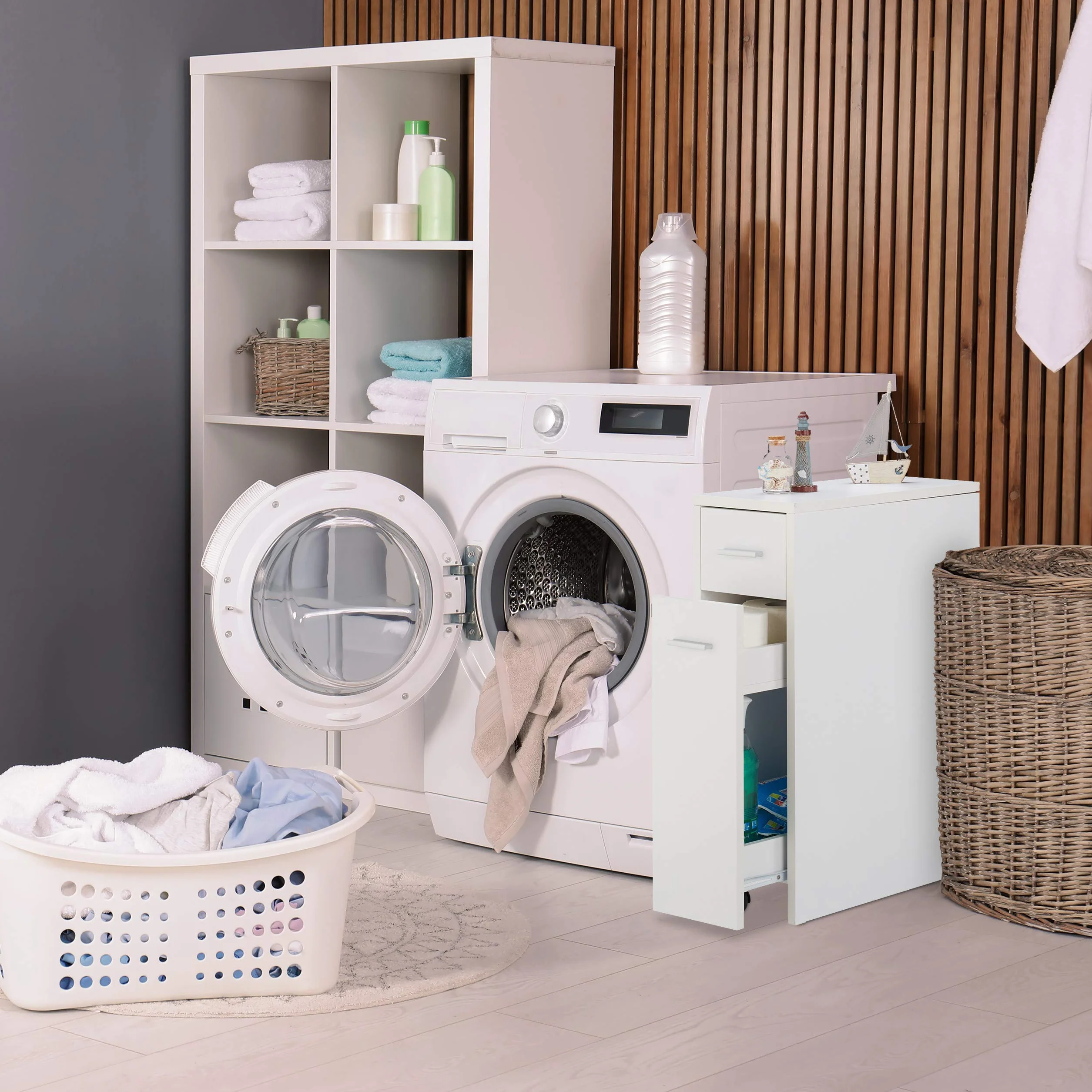 Relaxdays Mobile Salvaspazio Alto & Stretto, 2 Cassetti, Bagno, Cucina, Salotto, Compatto a Colonna,61,5x20x45 cm,bianco