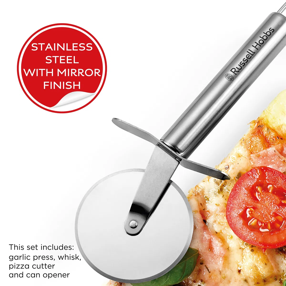 Russell Hobbs RH00124 - Set di articoli per cucina in acciaio inossidabile, argento, 4 pezzi,Comprende taglierina per pizza, frusta, pressa all'aglio e apribatti/lattine