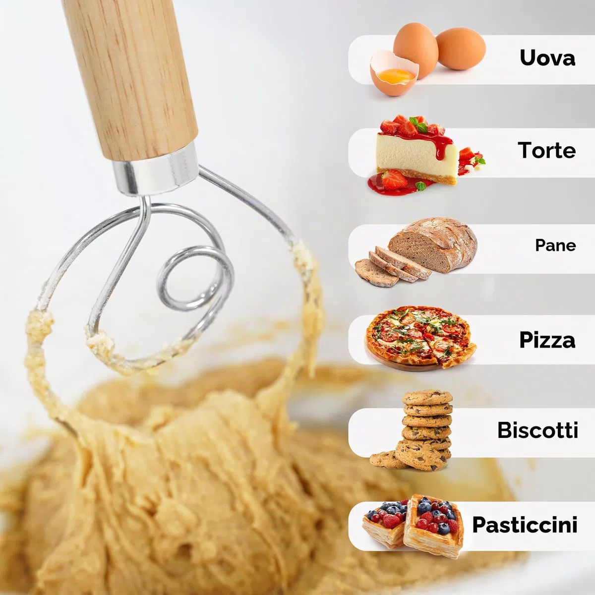 Zulay - Frusta danese per impasto, grande, 33 cm, in acciaio inox e legno danese, frullatore artigianale in stile olandese per pane, pastella, torta, pasticceria e altro ancora