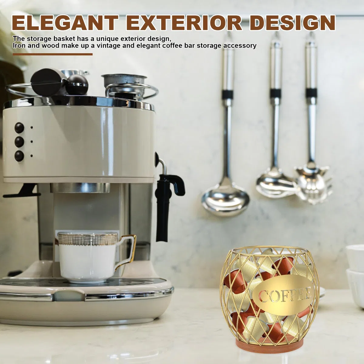 Cestino da caffè, 15 x 15 x 15,5 cm, in metallo, per capsule di caffè, per casa, cucina, bar, pub, bustine di tè (oro)