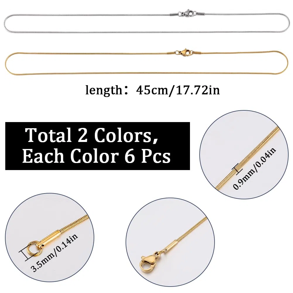 SUNNYCLUE 12 CONFEZIONE 18 pollici/ 0.45m 1mm Catena A Serpente In Acciaio Inossidabile Bulk Catene A Serpente In Argento e Oro Collana Chiusure per Artiglio di Aragosta In Metallo Catene Portacavi Co