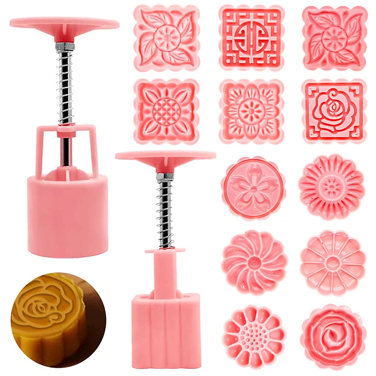 Set di 2 50 g stampi per torta di luna con 12 timbri per biscotti, stampo per torta Moon Cake, Luna Torta Stampo Strumenti decorativi rotondi e quadrati, motivi floreali, per pasticceria, biscotti,