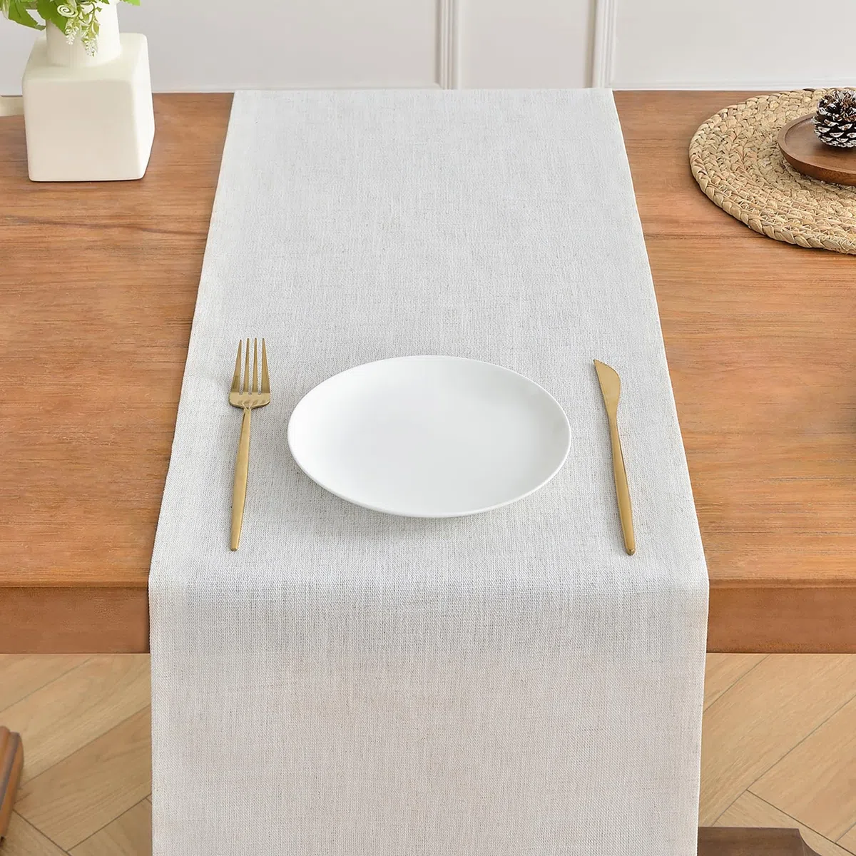 Wracra Runner da tavola in Lino Avorio Crema Lungo 90cm, Lavabile in Lavatrice, Rustico, Runner da tavola per pranzi, Feste e Uso Quotidiano