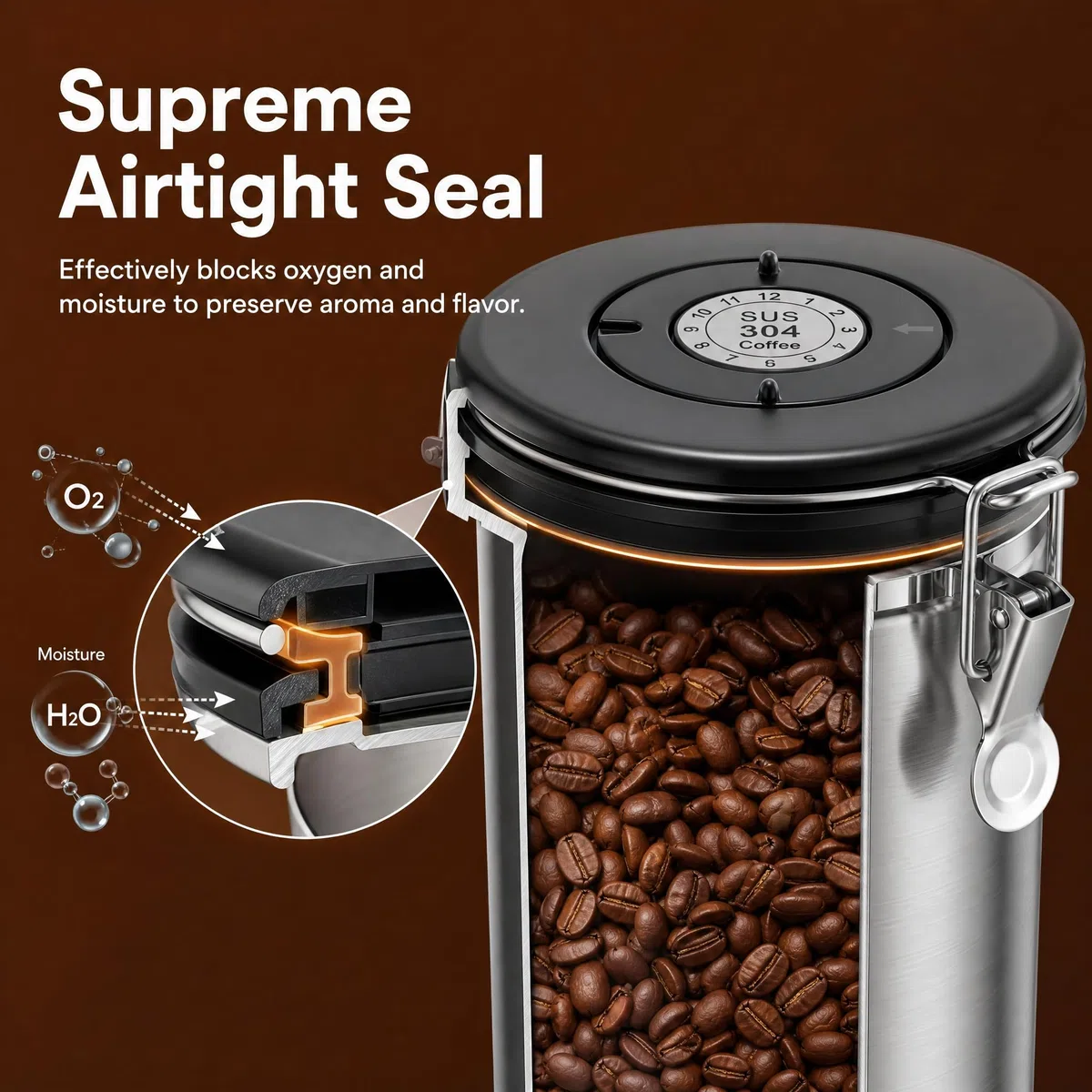 Contenitore per chicchi di caffè, barattolo ermetico in acciaio inox