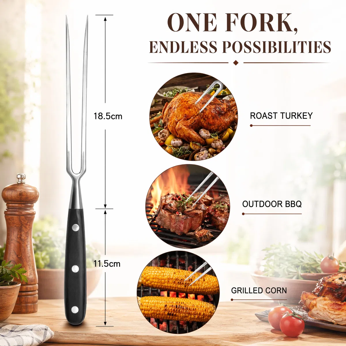 Forchetta da carne in acciaio inox con manico – Forchetta trinciante da 30 cm, Forchetta da portata professionale multifunzionale per barbecue, cucina, tacchino, arrosto cena
