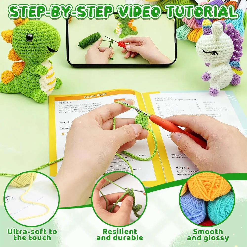 Gobesty Kit Uncinetto Principianti, Carino Uncinetto Set con Accessori, DIY Crochet Kit per Adulti e Bambini, Ideale Come Regalo, Hobby Creativi Adulti (Api/Dinosauri/Balene/Unicorni)
