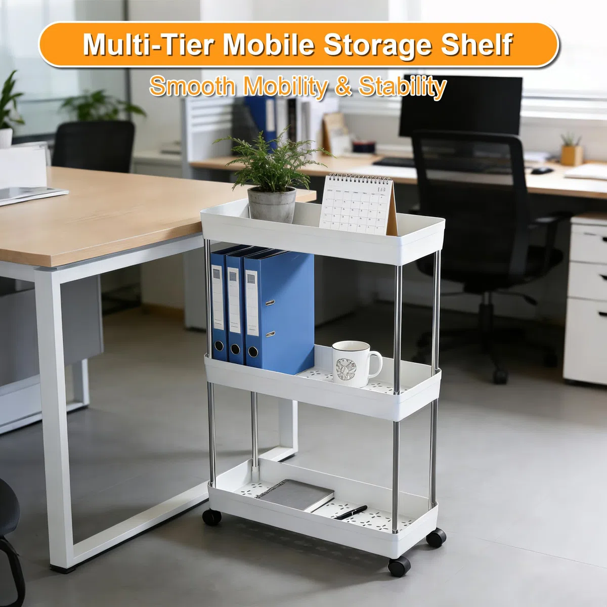 Carrellino con Ruote Portatutto a 3 Ripiani, Carrello Cucina e Mobiletto Bagno Salvaspazio, Scaffale Mobile per Casa, Ufficio e Lavanderia, in Plastica e Acciaio, Bianco