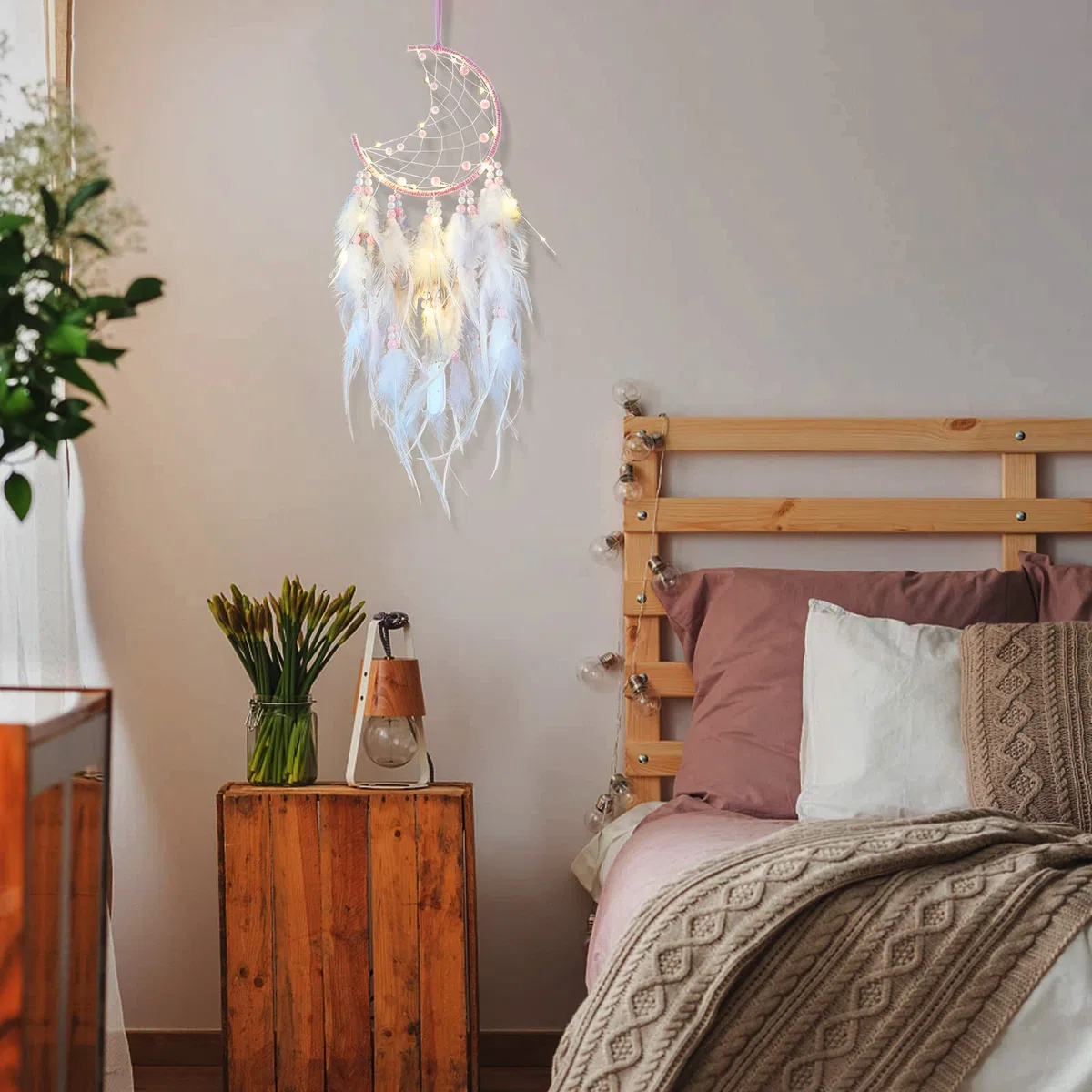 Acchiappasogni LED con Piume, Fatto a Mano Acchiappasogni Indiano Dream Catcher per Decorazione Parete di Nozze Camera da Letto Casa Ragazze Bambini Regalo di Compleanno