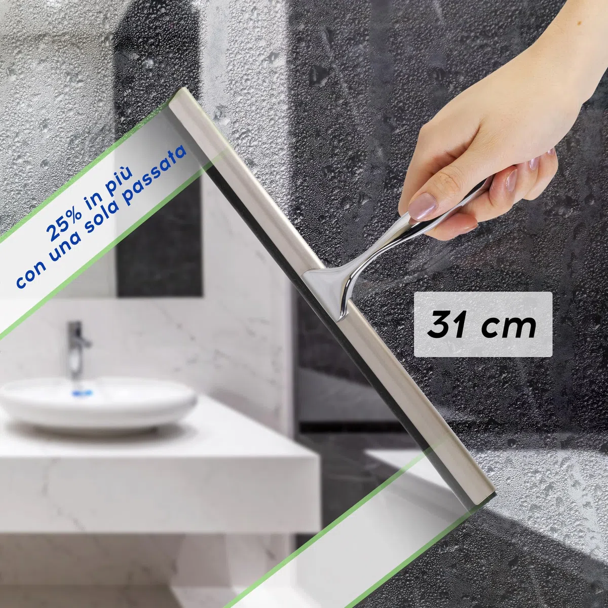 Tergivetro Doccia 31 cm kowald in Acciaio Inox | Kit Professionale con 2 Ganci e Gomma di Ricambio | Tergicristallo Extra Largo per Vetri e Piastrelle