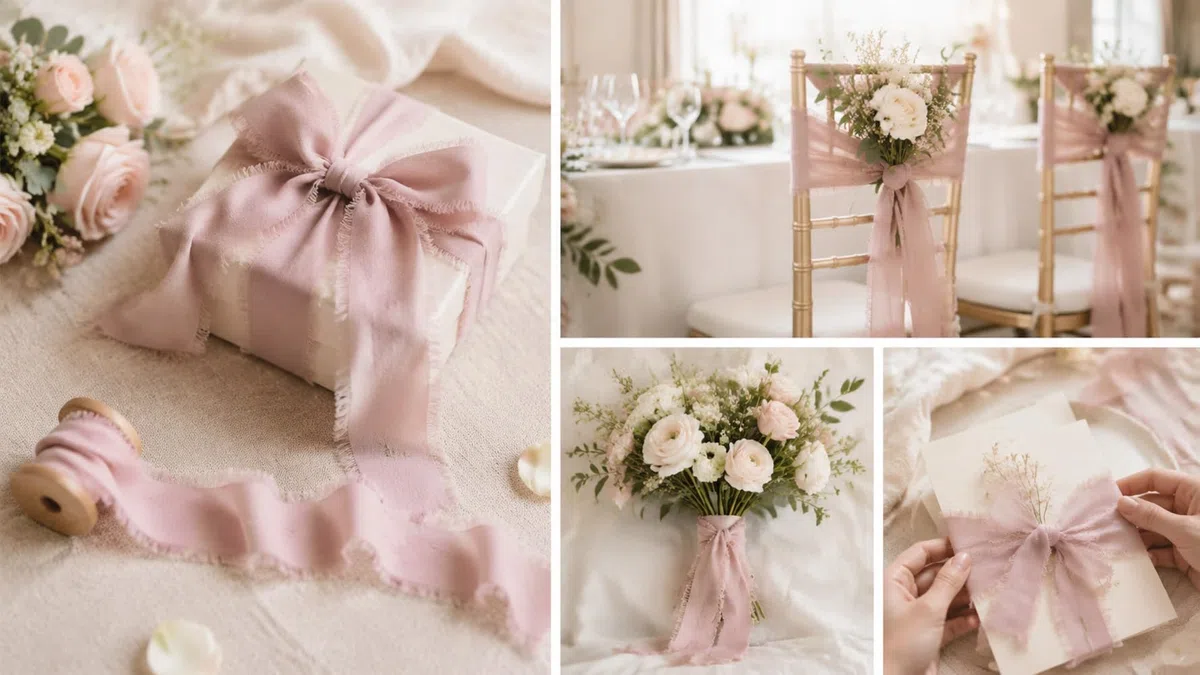 CHUQING 3 rotoli di nastro in chiffon rosa antico, nastro decorativo in chiffon per bouquet, confezione regalo, invito di nozze