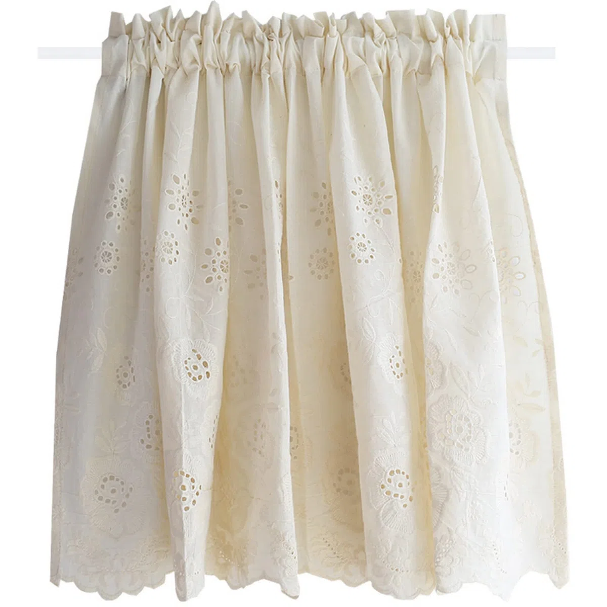 A.Monamour Tenda Corta per Finestra Piccola Stile Rustico Ricamo Floreale in Cotone Beige Tendina Tenda da Cucina a Vetro a Pannello Bistrot Caffè Mezza Mantovana Porta Armadio