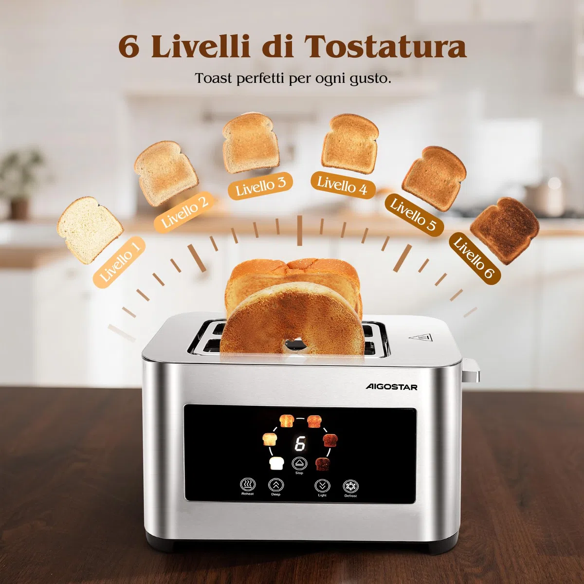 Aigostar Tostapane 2 Fette, LED Touchscreen, Fessure Extra Larghe da 4cm e Centratura Automatica, Tostapane con 6 Livelli di Tostatura, Funzioni di Riscaldamento/Scongelamento/Stop, 850W, Acciaio Inox