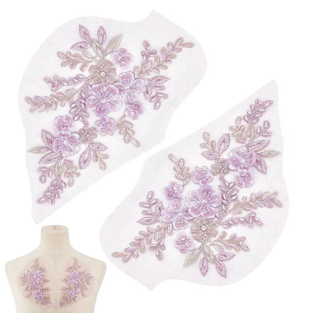 NBEADS 1 paio di Applicazioni In Pizzo Floreale 3D, Toppa con Paillettes e Perline A Forma di Fiore Lilla Da Cucire e Ricamare per Abiti Da Sposa Accessori per Abbigliamento Fai Da Te, 18.3x37cm