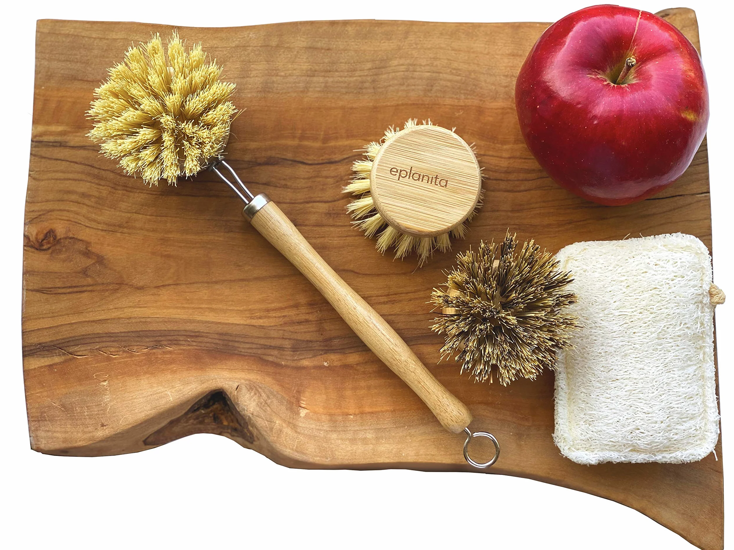 eplanita Spazzola per Piatti in Legno di Bambù, Setole Naturali in Fibra di Agave, Testine Intercambiabili con 2 di Ricambio, Spazzola Lavapiatti da Cucina, Spugna di Luffa per Piatti Inclusa