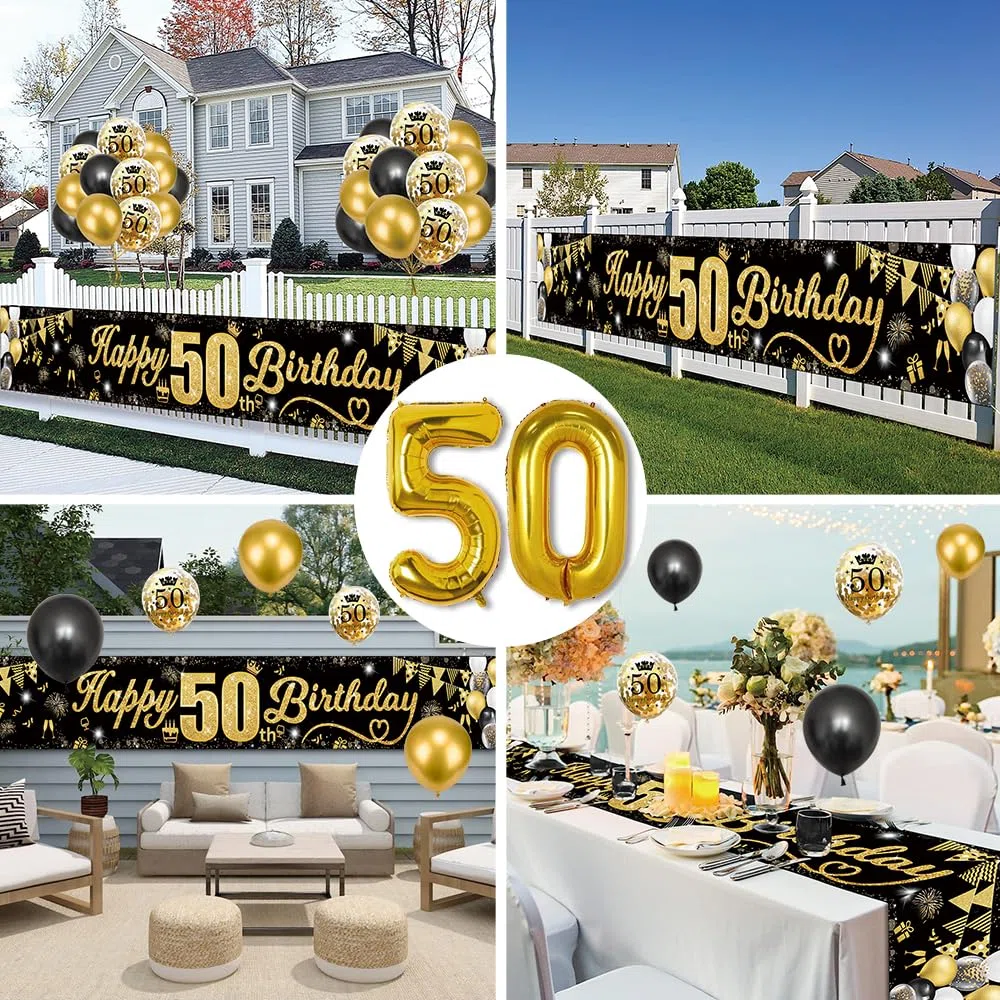 Palloncini 50 Anni Compleanno per Uomini e Donne, Oro Nero Happy 50th Birthday Striscione Oro Nero Palloncini con Coriandoli Fuochi D'artificio Striscione Bandiera Triangolare