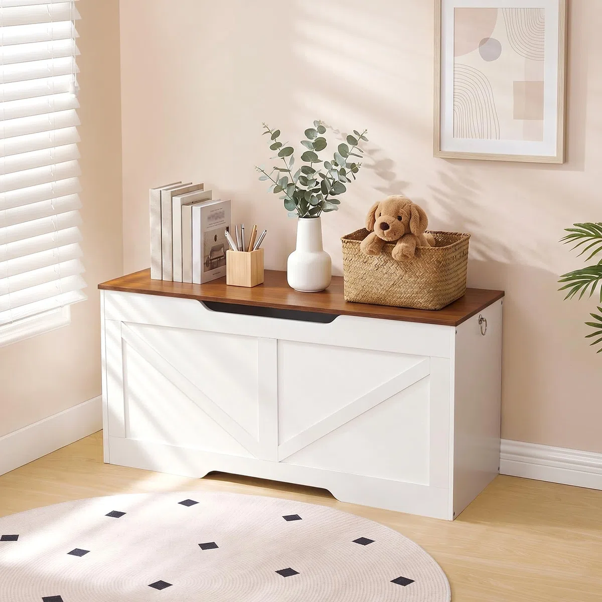 HOOBRO Cassapanca, Panca Contenitore per Bambini, con Cerniere di Sicurezza, Grande Piano, Manico Incorporato, Poggiapiedi, Baule per Giocattoli, Sgabello, 100 cm, Bianco e Noce EWH771CW01G1