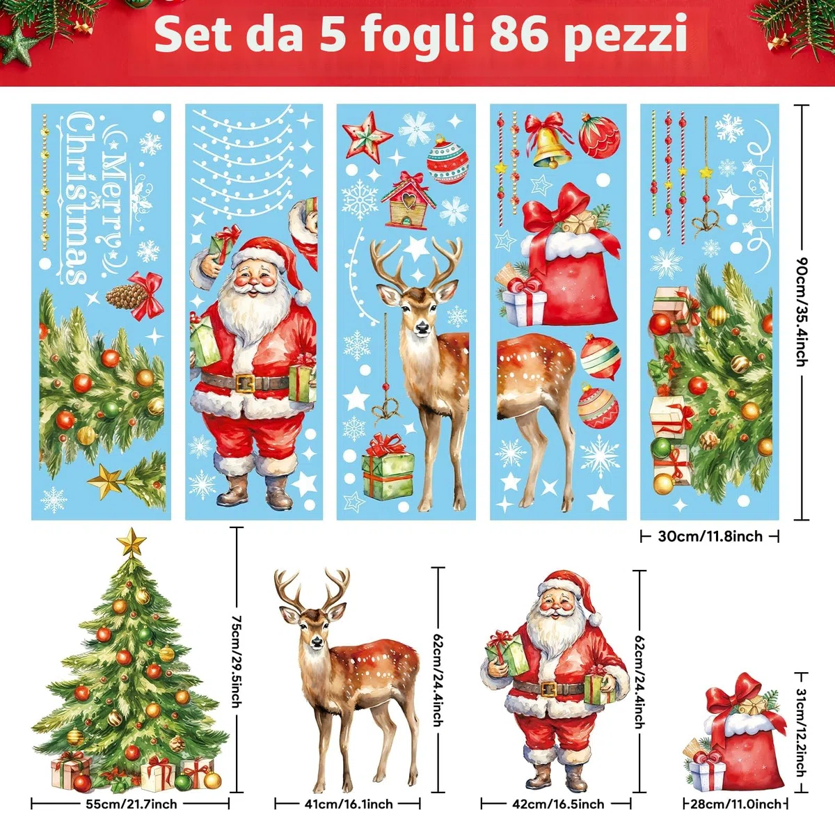 Edonkvi Adesivi Natalizi per Finestre 86 Pezzi, Vetrofanie Natalizie Grandi Decorazioni Natale Casa, Riutilizzabili Fiocchi di Neve Stickers Decalcomanie per Addobbi Vetrine Negozio Ufficio Porte