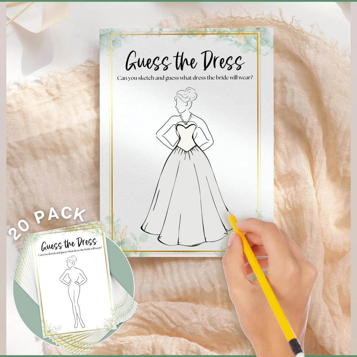 Templatables Guess the Dress - Gioco per addio al nubilato, confezione da 20, elegante design floreale, formato A6 (10,5 x 14,8 cm), carta premium da 450 g/m², divertente attività per addio al
