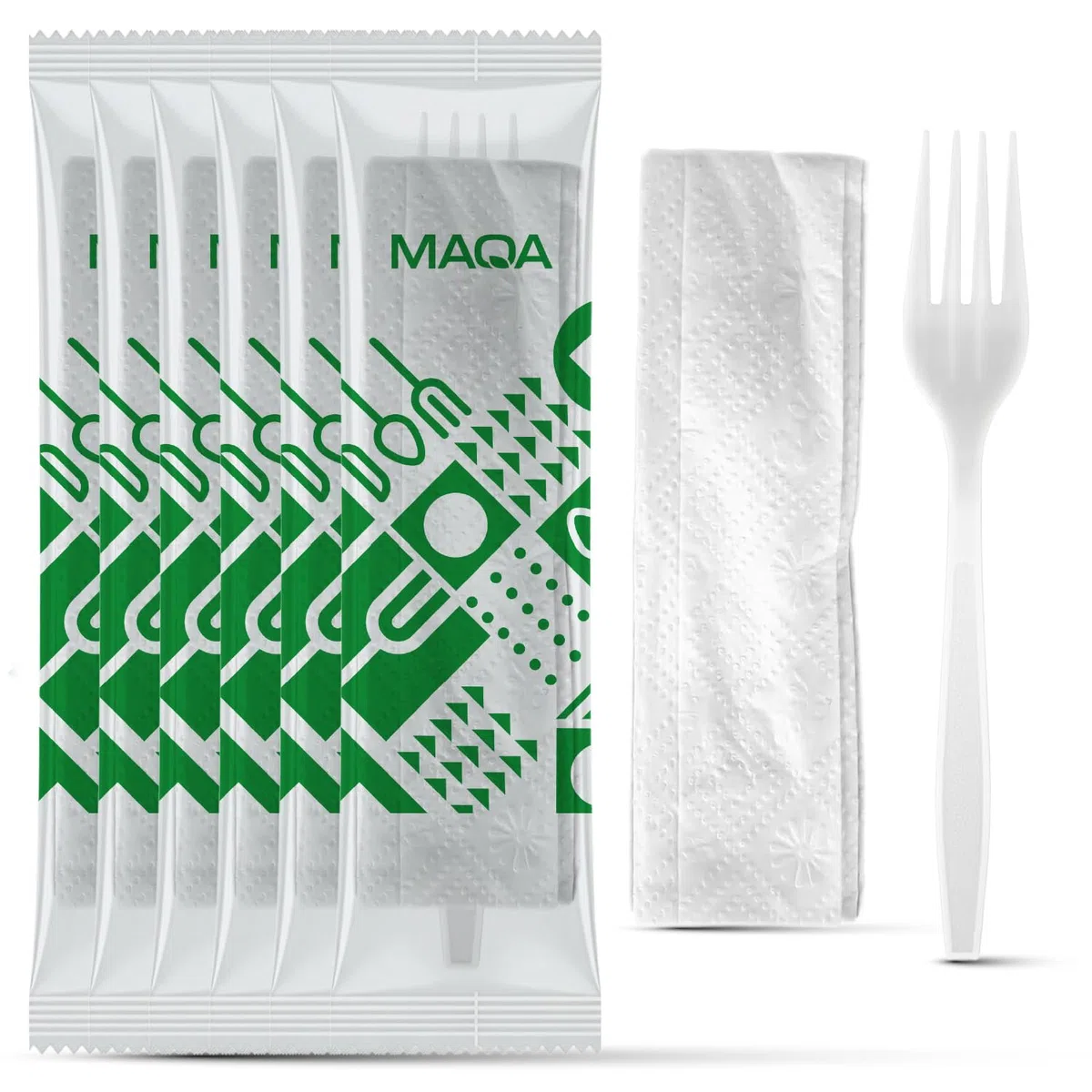 MAQA 100 Kit Forchetta Riutilizzabile in CPLA + Tovagliolo 2 Veli – Compostabili, Imbustati Singolarmente – Certificati per Uso Alimentare – Perfetti per Catering, Eventi, Uffici e Take Away