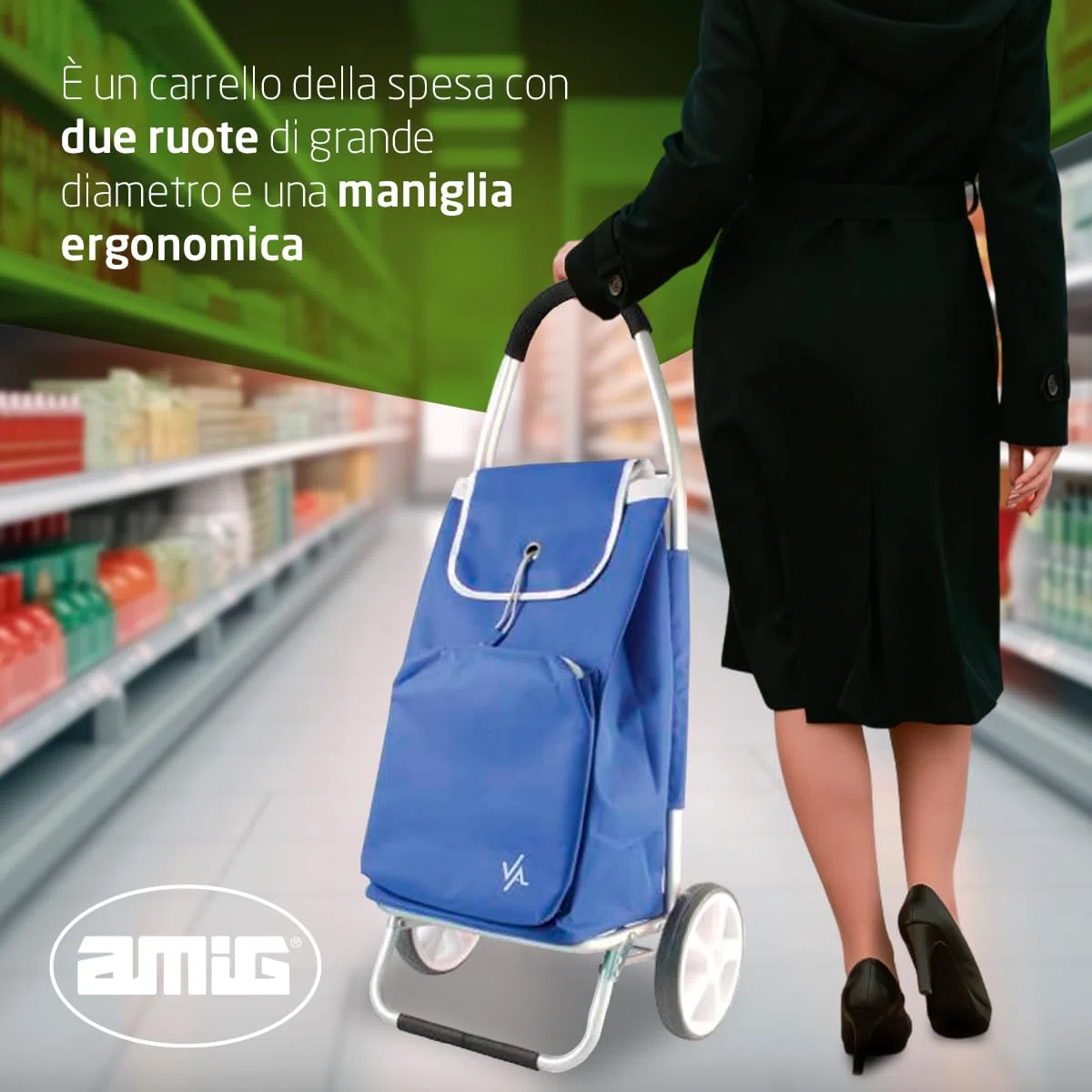 Amig - Carrello della spesa a 2 ruote - Borsa regolabile - Alluminio leggero - Carico massimo 15 kg - Capacità 50 l - Dimensioni: 95 x 45,5 x 12 cm - Colore: Blu