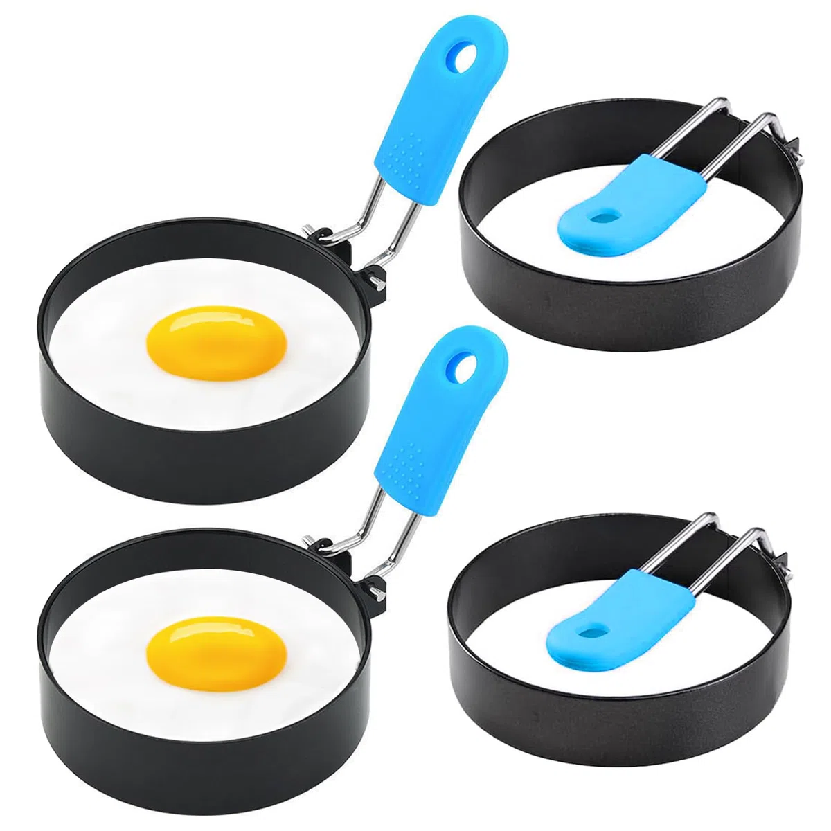 4 anelli per uova per friggere, in acciaio inox, con manico pieghevole anti-scottatura, antiaderenti, per cucina domestica, cucina, friggere, colazione, mini hamburger