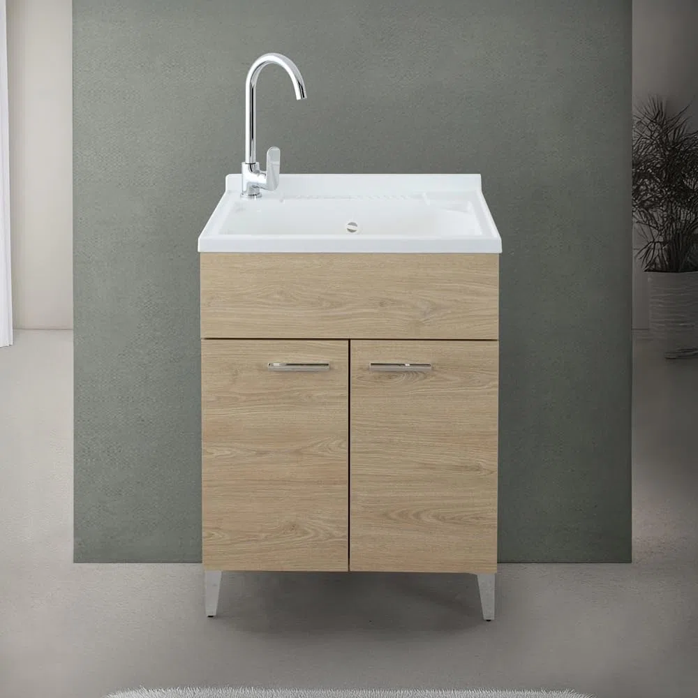 Mobile Lavatoio 60X50 Cm Con Vasca In Resina Bianca, Asse Lavapanni, Struttura In Legno Nobilitato Rovere Con Un’Anta Apribile Mediante Maniglia Cromata, Già Montato Con Kit Di Scarico Incluso
