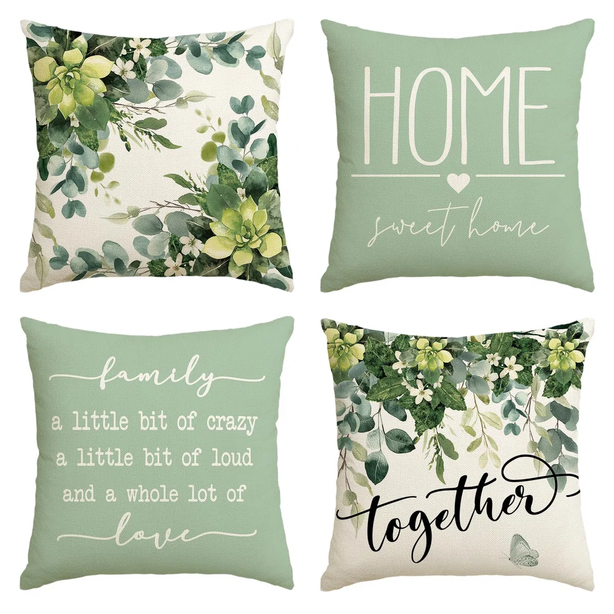 Artoid Mode Family Love - Set di 4 federe estive con foglie di eucalipto, 40 x 40 cm, per la primavera e la casa, decorazione