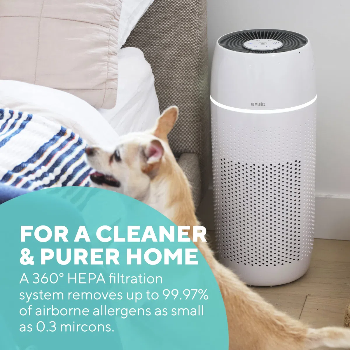 HoMedics TotalClean PetPlus Purificatore D'Aria 5 in 1 con Filtro HEPA, Rimuove Fino al 99,97% degli Allergeni Presenti Nell'Aria Fino a 0,3 Micron, 3 Velocità, Timer di Spegnimento Automatico