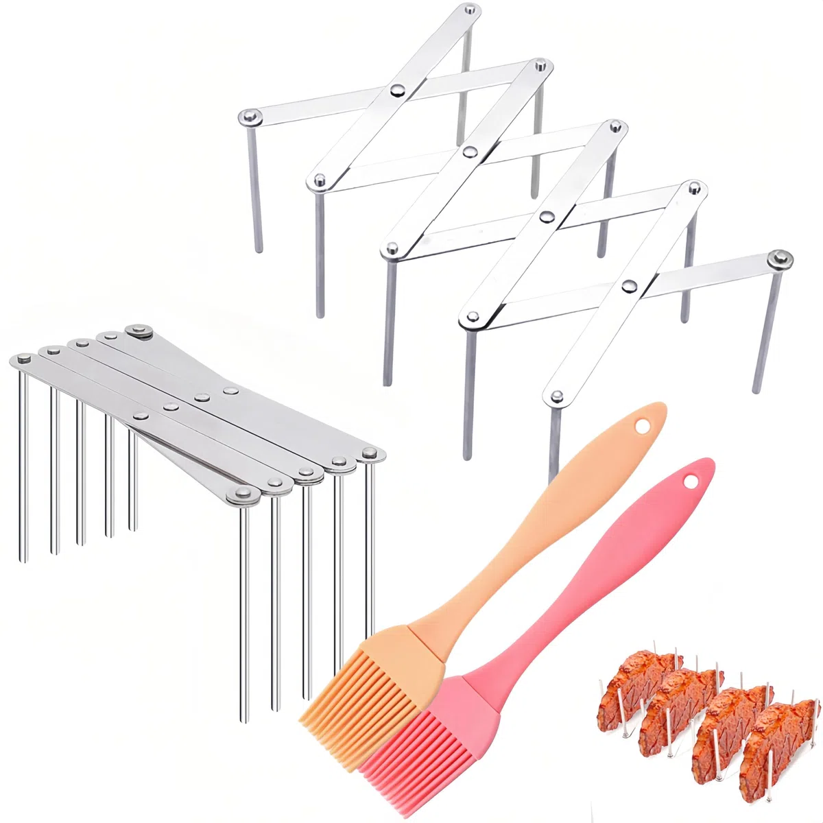 Porta BBQ in Acciaio Inox, 2 Pezzi Regolabile Retrattile Rack per Costine, Porta Coperchio, Ripiano per Barbecue per La Preparazione di Costolette O Arrosto con 2 spazzole in silicone