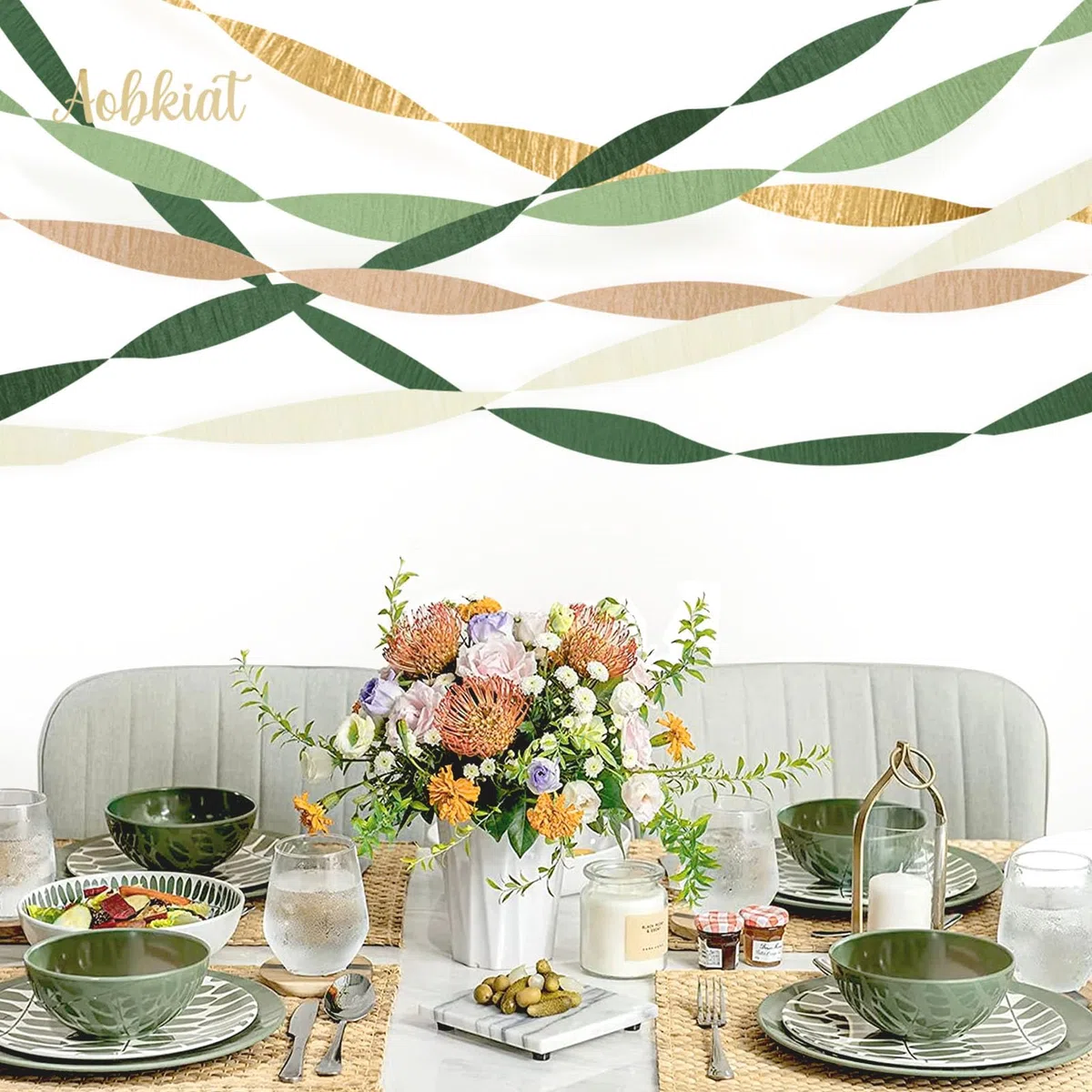 Aobkiat Decorazioni per matrimoni, feste, 5 rotoli di carta crespa verde oro, cachi, stelle filanti per feste di nozze, baby shower, addio al nubilato, compleanno, anniversario