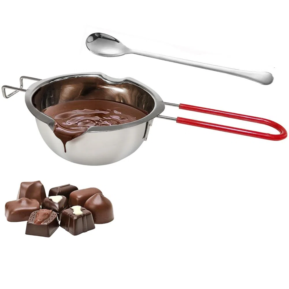 Contenitore per fondere il cioccolato in acciaio inox 18/8 con doppio beccuccio, manico resistente al calore, fondo piatto, ideale per sciogliere il burro, 480 ml argento.