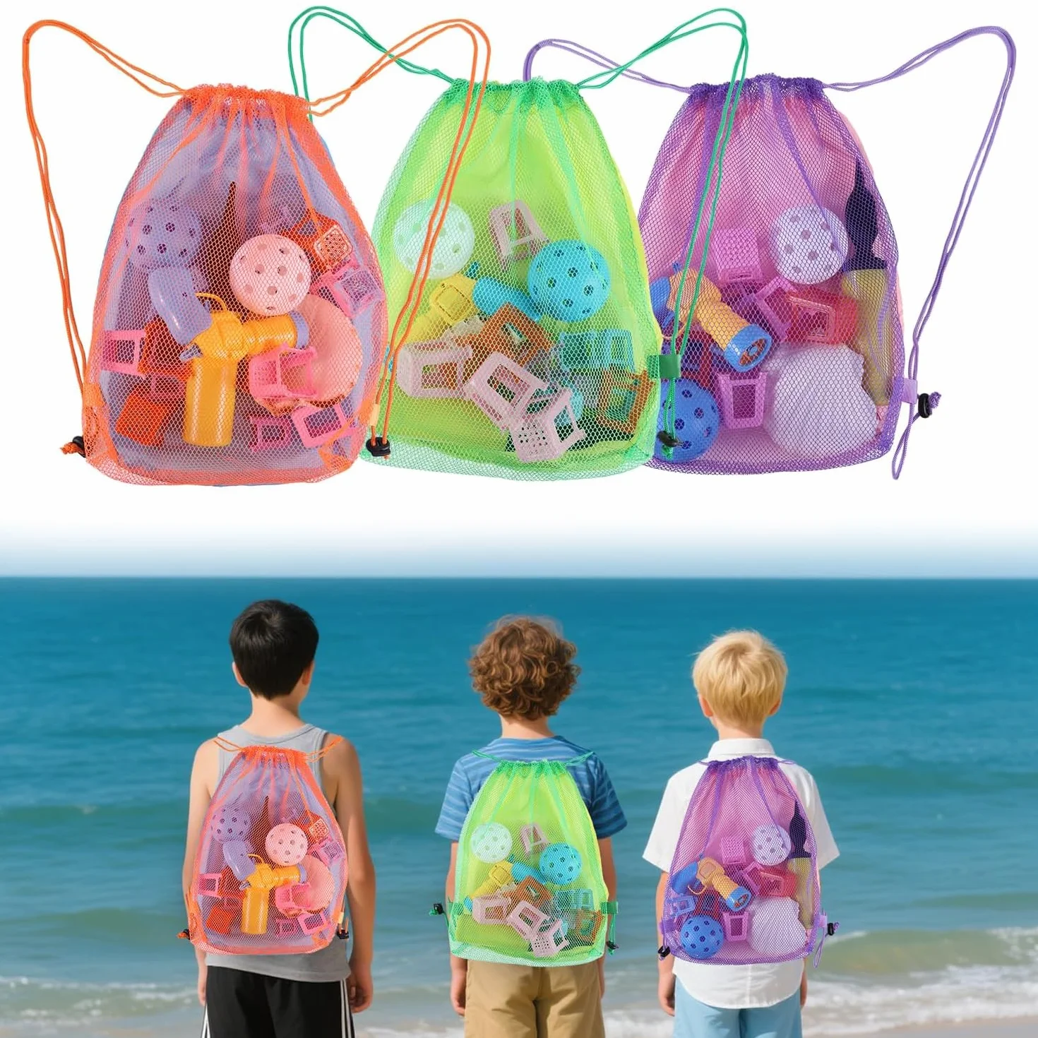 3 borse per giocattoli da spiaggia per bambini, grandi zaini in rete con coulisse, per riporre giocattoli con sabbia, reti leggere e resistenti, per la raccolta di reti per la spiaggia