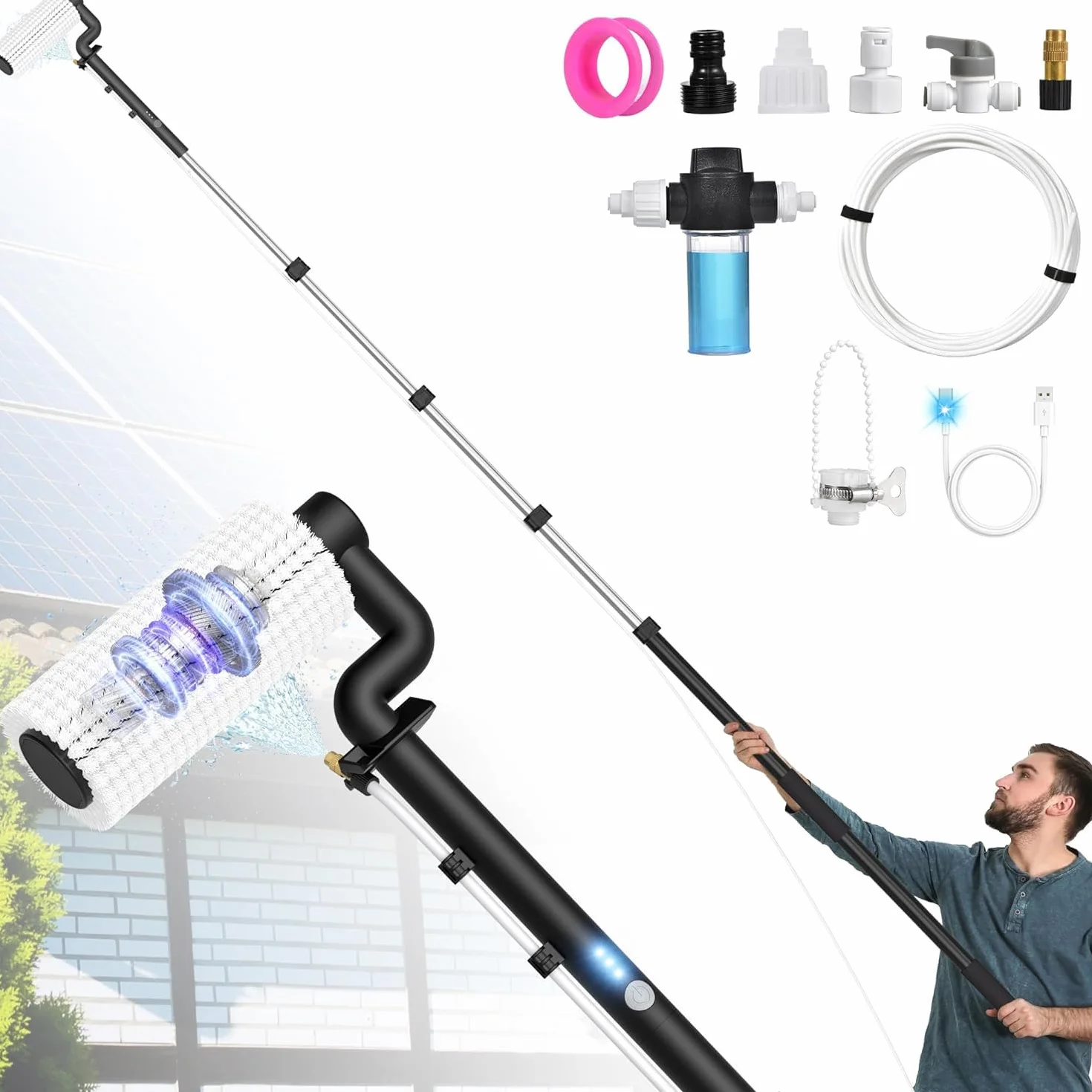 LyriFine Elettrico spazzola pulizia pannelli fotovoltaici 6,2 metri, 5 stadi telescopic hydrocleaner kit pulizia pannelli fotovoltaici e Velocità della 2a marcia per pannelli solari, vetri per tetti