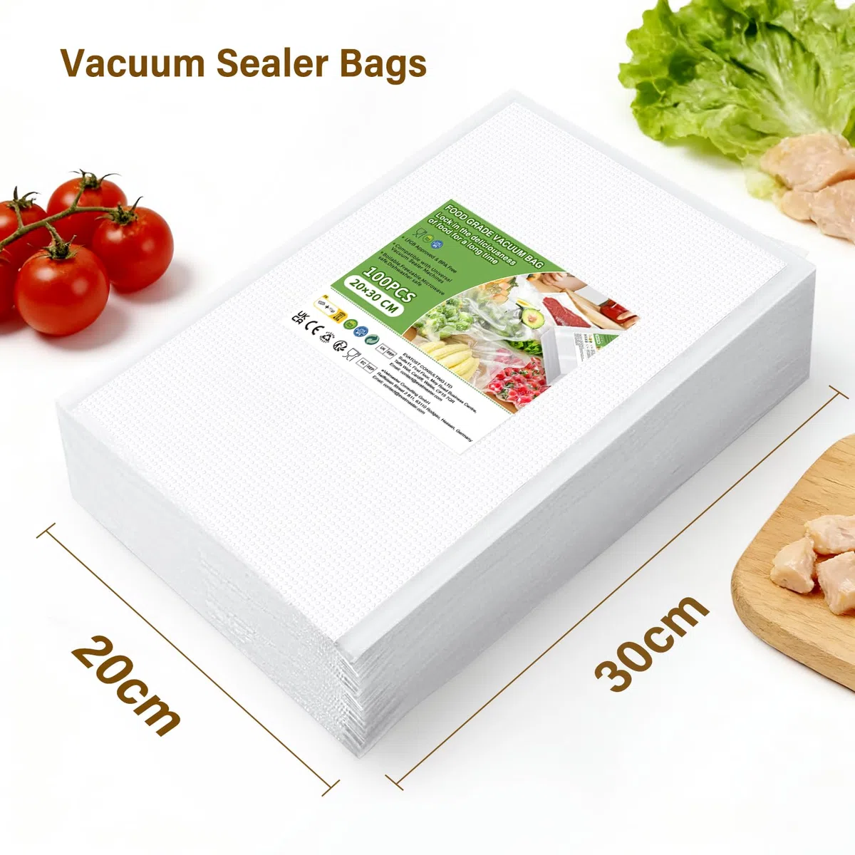 Oderra 100 Sacchetti Sottovuoto per Alimenti 20x30 cm - Bustine per Conservazione e Congelamento Sottovuoto - Compatibili con Tutte le Macchine Sottovuoto - per Imballaggio Alimentare