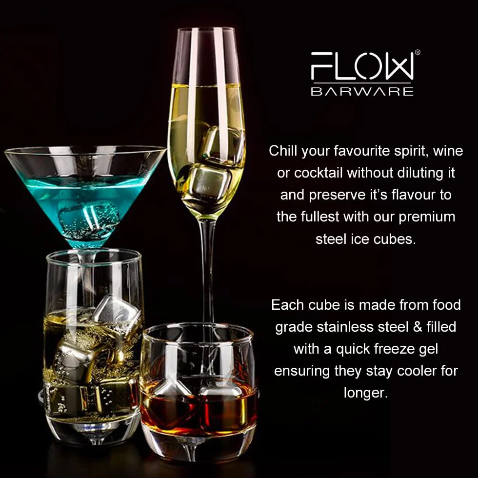 Flow Barware - Set regalo in pietra di whisky in acciaio inossidabile con pinze per il ghiaccio e custodia, cubetti di ghiaccio in metallo riutilizzabili per prevenire la diluizione di whisky, rum