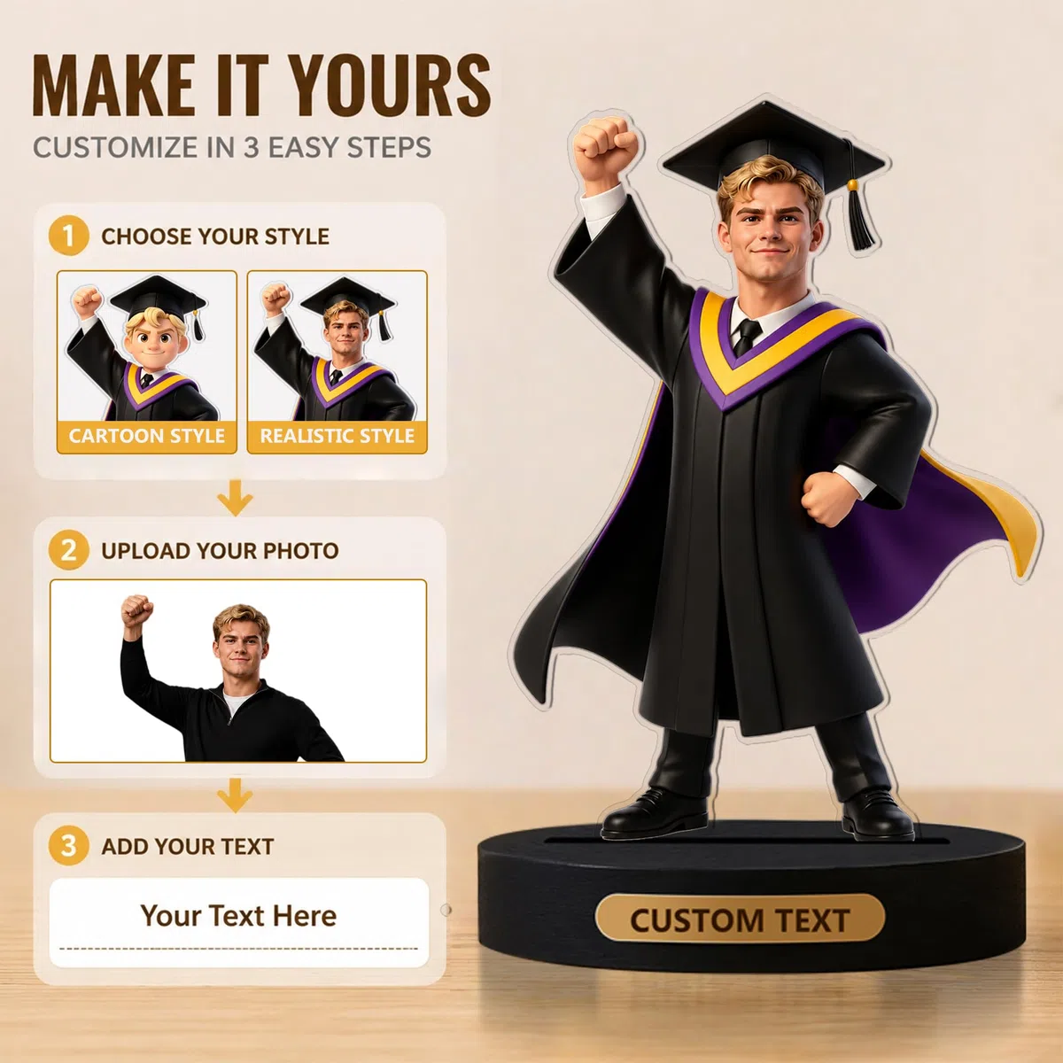 Statuetta Laurea Personalizzata con Foto, Regalo Laurea per Donna Uomo Bomboniere 2D Figurine Decorazioni Per La Laurea Feste, Regalo Maestra (Uomo)
