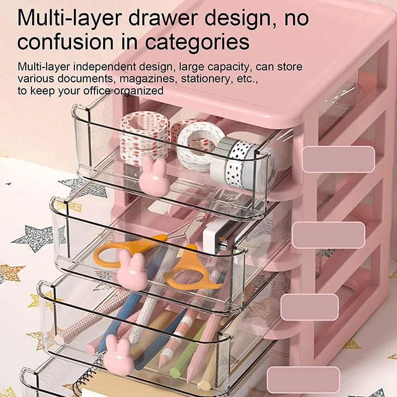 Mobile da tavolo con cassetti per archiviazione, organizer per articoli di cancelleria e arte, con adorabile maniglia a forma di coniglio, per ufficio, camera da letto e garage (Rosa, 3 livelli)