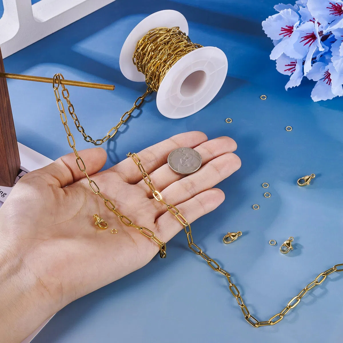Catene a clip placcate in oro 18 carati, 5 m, in acciaio inox, con maglie ovali, con chiusura a moschettone, anelli di salto, per artigianato, bracciali, collane, portachiavi da donna