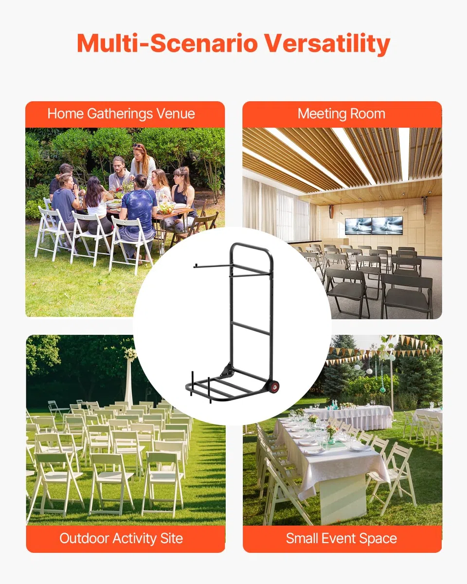 VEVOR Porta Sedie Pieghevole, Capacità 45 kg, Carrello per Sedie Resistente per Appendere 10 Sedie, Carrello Porta Sedie in Metallo Multifunzione con Ruote in Gomma, Supporto per Sedia a Spinta, Nero