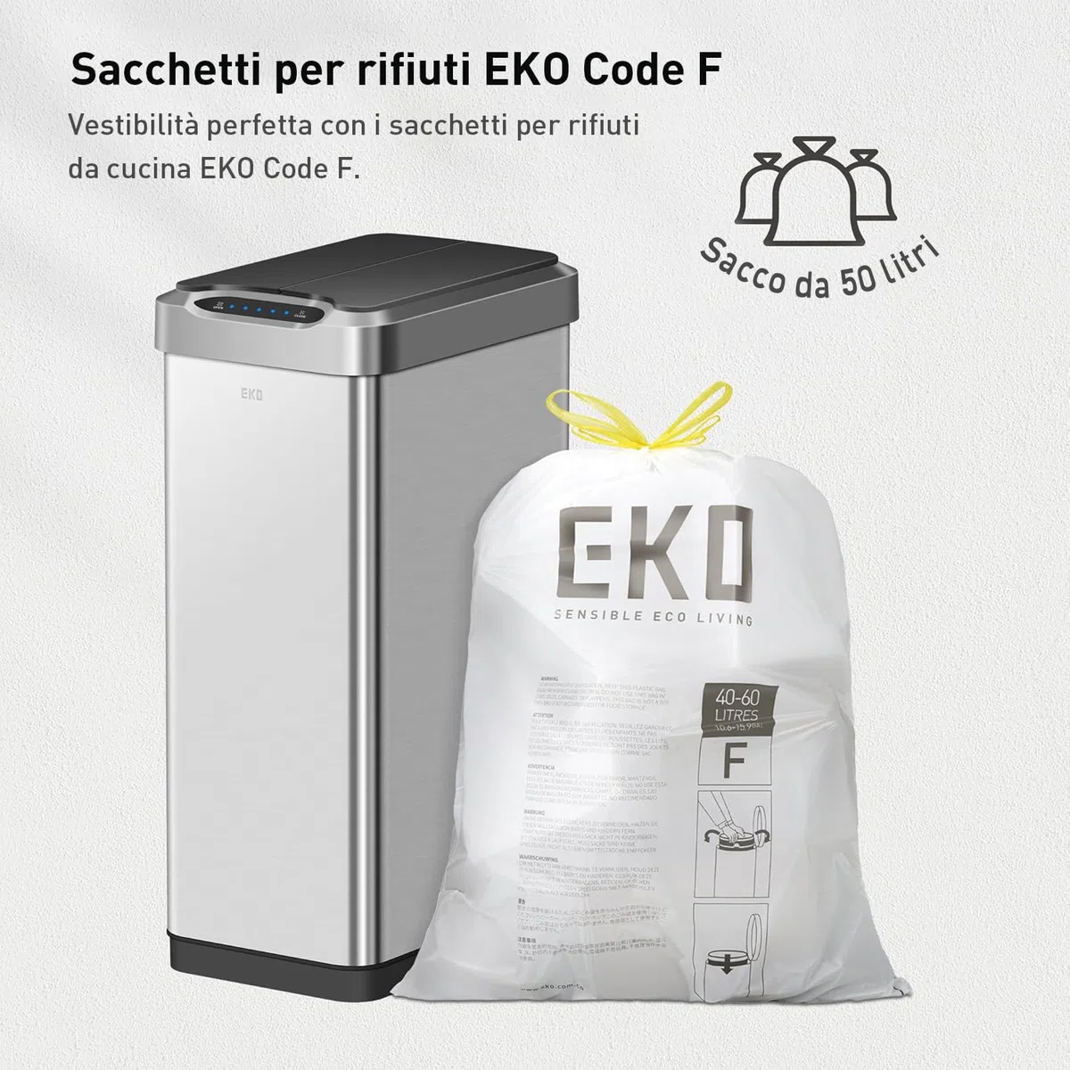 EKO Pattumiera Cucina Automatica 50L Phantom-T | Sensore Touchless Verticale | Acciaio Inox Spazzatura Antimpronta | Chiusura Silenziosa Bagno