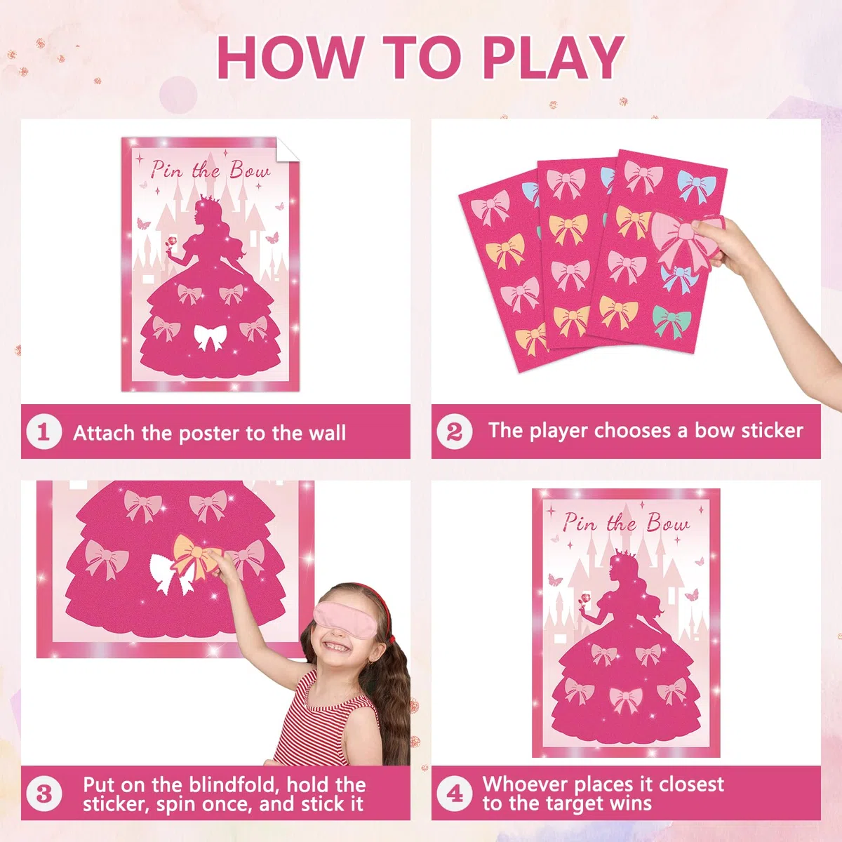Pin the Bow - Gioco per feste per ragazze e ragazze, poster rosa con 24 adesivi con fiocco, decorazioni per feste di compleanno per bambini, poster A2, 24 giocatori